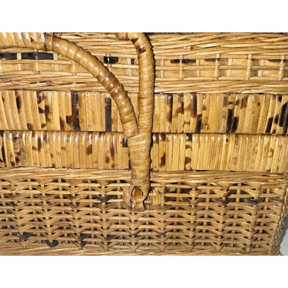 Natural Vintage Wicker Picnic Basket Folding Locking Handles 14x7.5x8 Boho